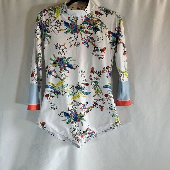 Funny Girl Sz XL One Piece Swimsuit  White & Tropical Zipper Padding Summer - Picture 1 of 14